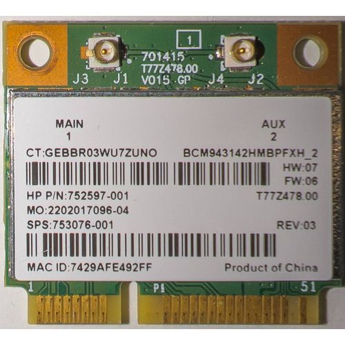 Carte Réseau BROADCOM BCM943142 WiFi+BT 802.11b/g/n