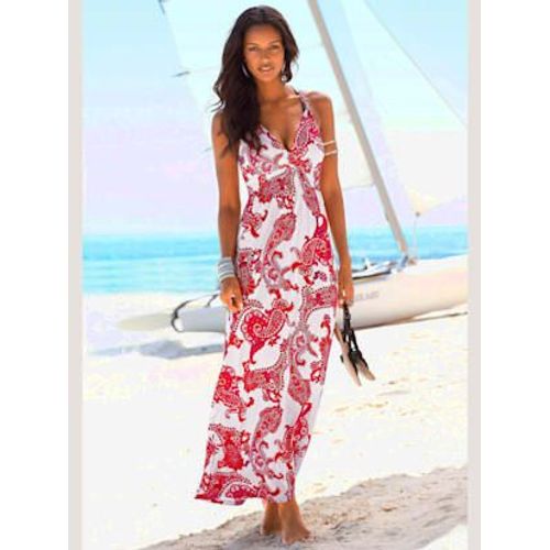 Robe Longue Séduisante Encolure Réglable - - Rouge-Blanc Imprimé
