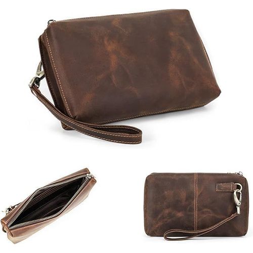 Porte-monnaie pour homme en cuir véritable avec fermeture éclair pour carte d'identité,téléphone,porte-monnaie,porte-monnaie (Café3)