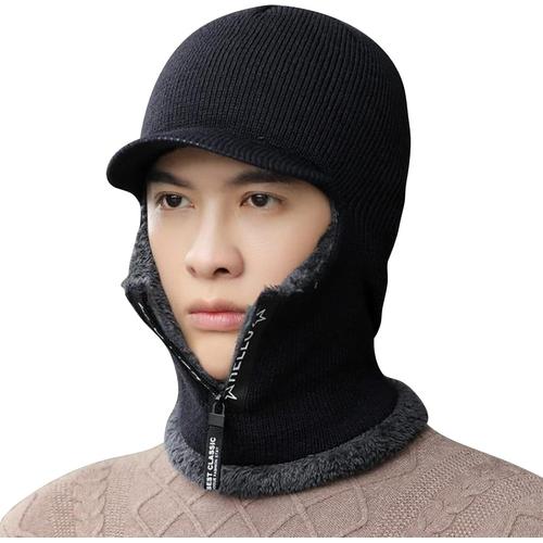 Cagoule D'hiver Tricotée, 1 Bonnet Chaud Pour Homme Avec Capuche En Polaire Thermique Tricotée, Chapeau Coupe-Vent Siamois Pour Sports De Plein Air, Homme Et Homme