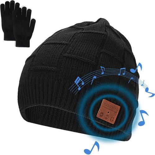 Bonnet Bluetooth V5.0 Avec Ensemble De Gants Pour Hommes, Hiver Chaud Tricoté Sans Fil Bluetooth Casque Musique Chapeau Pour La Course À Pied Ski Randonnée Sports D'hiver Exercice