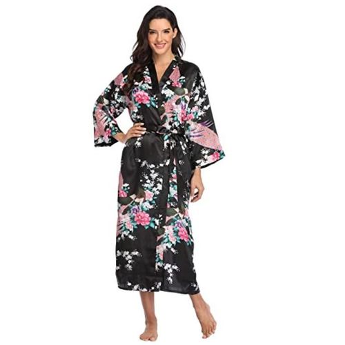 Kimono En Satin Noir Pour Femmes,Robe De Mariée,Demoiselle D'honneur,Robe De Mariée,Sexy,Fleur,Vêtements De Nuit Longs,M-3xl