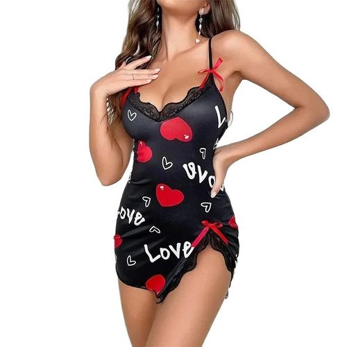 Vêtements De Nuit Fendus Sur Le Côté Pour Femmes Avec Bord En Dentelle,Col En V,Lettre D'amour Imprimée,Robe À Bretelles Pour La Maison,Pyjama Noir