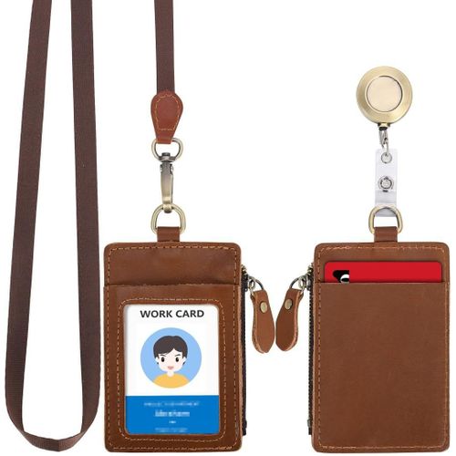 Cartes Porte-Badge En Cuir Portefeuille Zippé Avec Lanière Détachable Tour Et Porte-Clés Rétractable Pour Les Pièces De Monnaie Clés Billets Et Permis Étudiant Travail (Marron)
