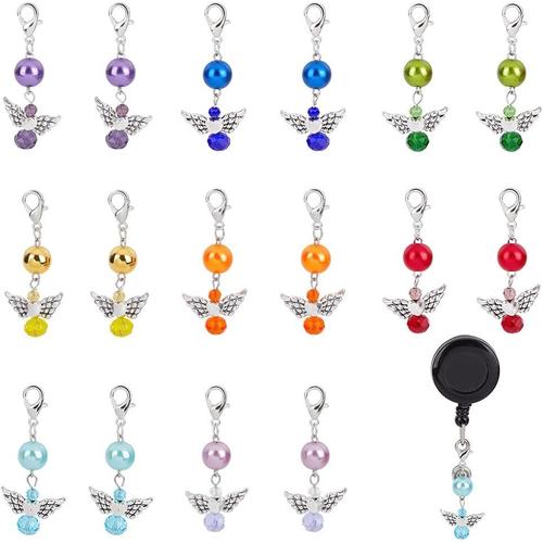 16 Pièce Aile D'ange Badge Reel Charme Gardien D'ange Perles Badge Charms Avec Fermoirs Mousqueton Breloques Porte Badge Accessoires Pour Docteur Infirmière Carte D'identité Badge Nom