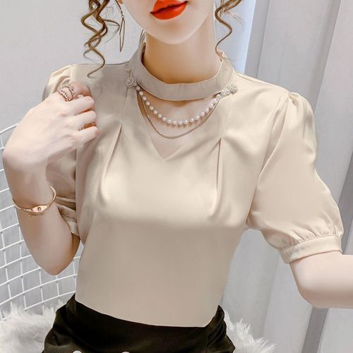 Chemises Bouffantes À Col Rond Pour Femmes,Chemisiers De Style Estival Et Décontracté,À Manches Courtes,Couleur Unie,À La Mode,Wy0227