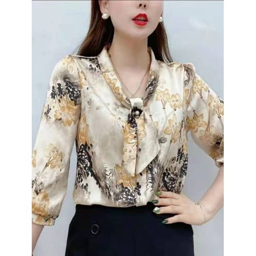 Chemisiers En Mousseline De Soie Pour Femmes,Style Décontracté,Demi Manches,N?ud Papillon,Col Imprimé,Tops,Df4198,Printemps Été