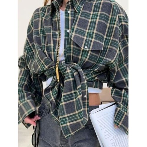 Chemise À Carreaux Respzed Pour Femme,Blouse Vintage À Manches Sulf,À La Mode,Avec Poche À Revers,Style Coréen,Collection Automne Hiver 2024