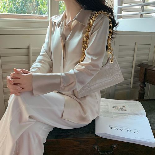 Chemisier En Satin À Manches Sulfpour Femme,Vêtement De Bureau Élégant,Mode Française,Couleur Unie,Style Coréen