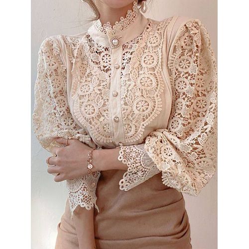 Femme Mousseline De Soie Bouton Col Roulé Chemise Chic Élégant Floral Dentelle Moelleux À Manche Longue Top Mode Creux Oversize Blanche Blouse 2024