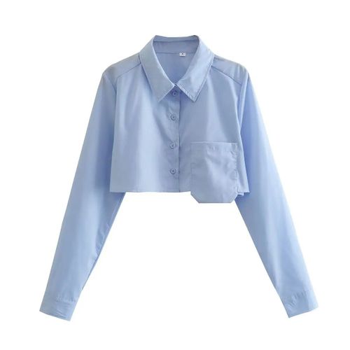 Femmes Mode Solide Couleur Conception De Poche Courte Blouse Bureau Dame Chemise Chic Casual Chemise Blusas Tops Ls3055
