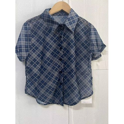 Chemise Coréenne Vintage À Manches Courtes Pour Femmes,Tunique,Chemisiers,Chemises À Carreaux En Mousseline De Soie,Chemisier D'été Sexy Transparent En Y