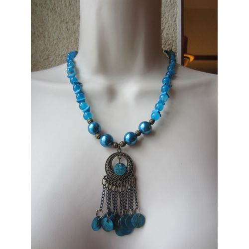 Collier Bleu Et Bronze Avec Pendentif