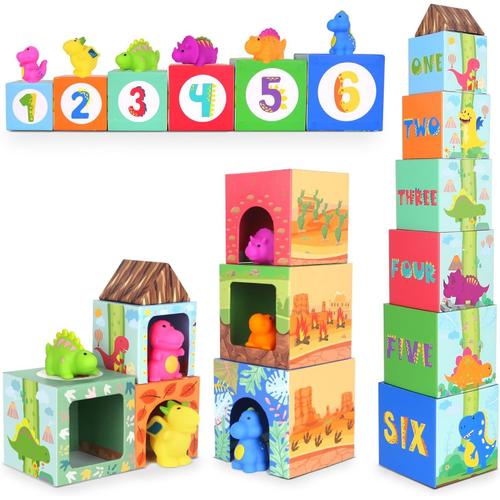 Jouet Enfant 1 2 3 Ans,Montessori Cube A Empiler Jouets D'éveil Inclure Cubes Emboitables Jouet Bain Bébé Dinosaure Jouet Cadeau Bebe Garcon Fille