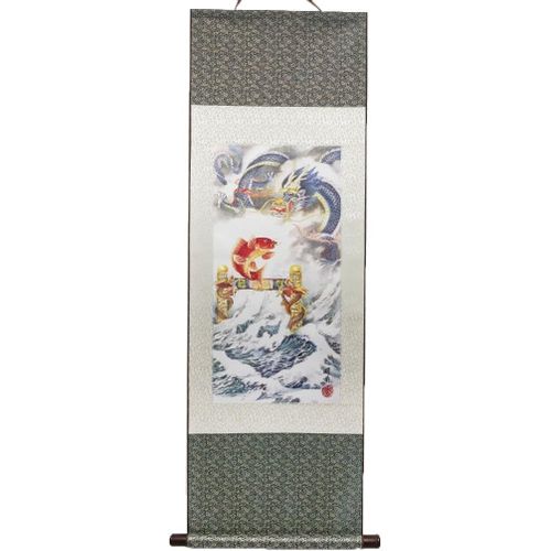 Kakemono Carpe Sautant Porte du Dragon - Tapisserie Murale - Décoration Japonaise à Suspendre - 120 x 38 cm - Symbole de Réussite - Tableau Japonais - Coloris Gris - Idée Cadeau Japon