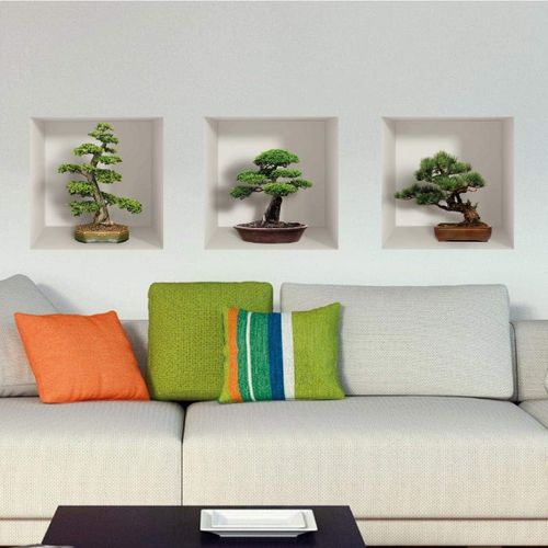 Stickers muraux Chambre Adulte - Adhesif Mural Effet 3D | Sticker Mural - Autocollant Mural Bonzaïs - Stickers Muraux Cuisine - Décoration Murale Trompe l'?il Salon - 3 Autocollants Muraux 30x30cm