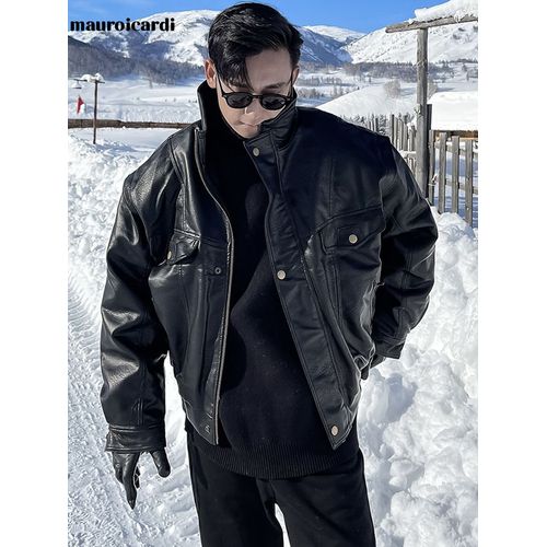 Mauroicardi-Veste En Similicuir Noir Pour Homme,Imperméable,Coupe-Vent,Respirant,Épais,Chaud,Fermeture Éclair,Décontracté,Mode Cool,Automne,Hiver