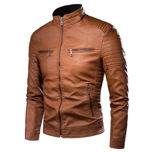 Blouson En Cuir Pour Homme,Couleurs Unies,Col Montant,Slim,Multi-Poches,Classique,Vintage