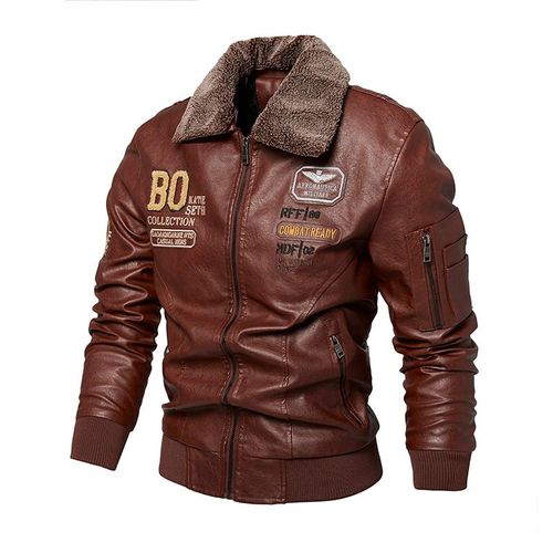 Veste En Cuir Brodée Avec Col En Fourrure Pour Homme,Coupe-Vent,Manteau Fin,Sourire,Moto Et Motard,Hiver