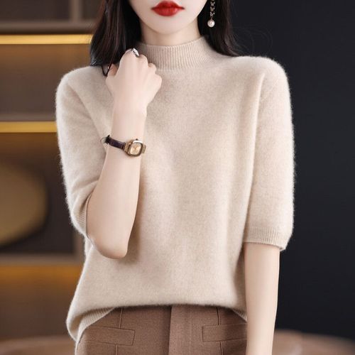 Pull En Cachemire À Manches Mi-Courtes Pour Femmes,Pull Basique,Col Montant,Laine Mérinos,Vêtements Fantaisie