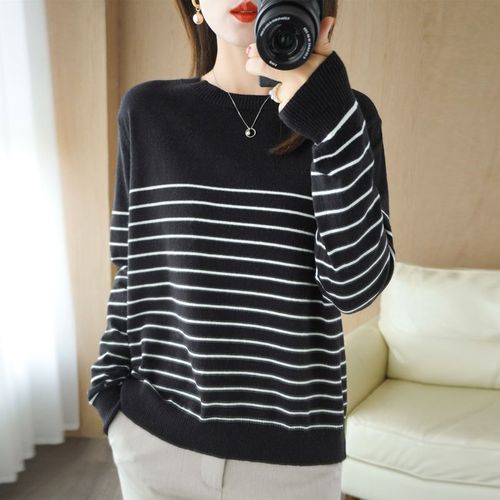 Pull À Manches Longues Et Col Rond Pour Femme,Vêtement Tricoté À Rayures,Couleur Unie,Automne Hiver