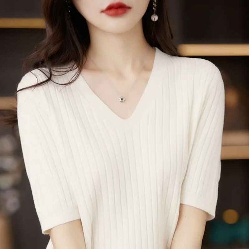 Pull À Manches Courtes Et Col En V Pour Femme,Tricot Rayé,Chemise Slim Fit,Mode Coréenne,Pulls En Tricot Fin,Chemises À Fond,Y-2024