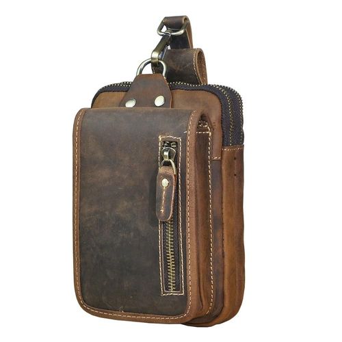 Sac tendance en cuir véritable pour hommes,café Design rétro,petit crochet,banane,ceinture,paquet de cigarettes,étui pour téléphone de 7 pouces,1609