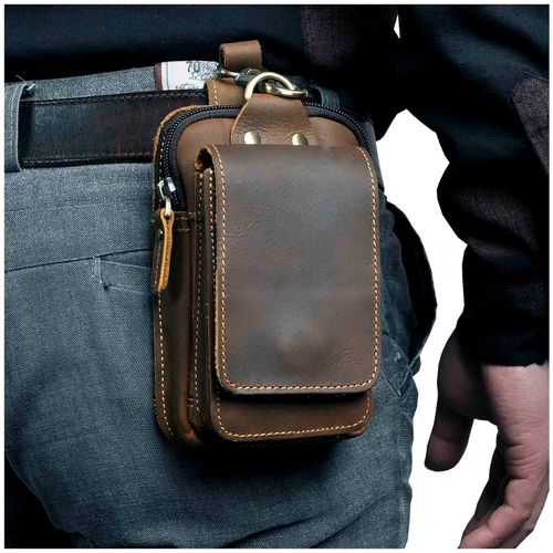 Sac tendance en cuir véritable pour hommes,café Design rétro,petit crochet,banane,ceinture,paquet de cigarettes,étui pour téléphone de 7 pouces,1609