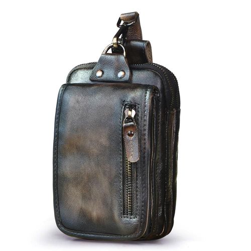 Sac tendance en cuir véritable pour hommes,café Design rétro,petit crochet,banane,ceinture,paquet de cigarettes,étui pour téléphone de 7 pouces,1609
