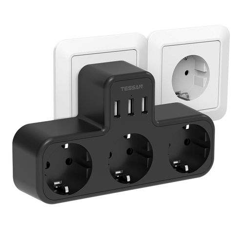 multiprise murale noire avec 3 prises ca et 3 Ports USB,barre d'alimentation 6 en 1 avec Protection contre les surcharges pour la maison et le bureau - Type TS-323-DE-BK