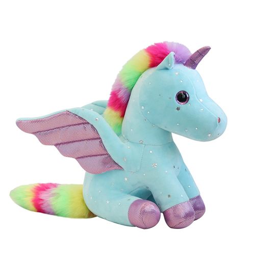 Licorne En Peluche Arc-En-Ciel Multicolore Ange Licorne Pégase Kawaii Oreiller Licorne Doux Cadeau Anniversaire Noël, 23cm (Bleu)