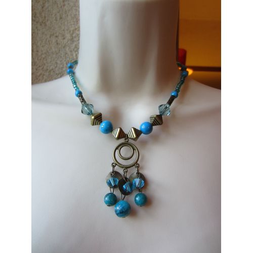 Collier Bleu Et Bronze Avec Pendentif