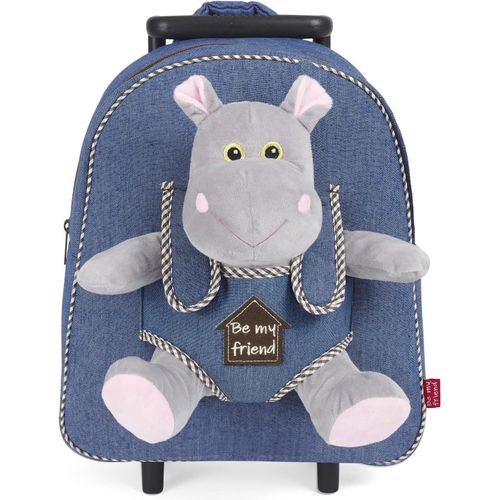 Sac à Roulette Scolaire Maternelle et Peluche Douce Enfant 3 4 5 Ans-Mini Sac à Dos avec Roues et Animal Doudou Amovible Fille Garçon-Sacoche Garderie avec Jouet-29x32x11 cm (Hippo)