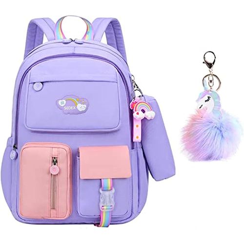 Cartable Fille Primaire,Imperméable Léger Sac à Dos avec Toile Fermeture Éclair,Porte-Clés pour École (Violet)