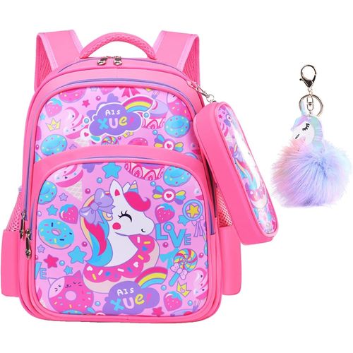 Cartable Garçon Primaire,Imperméable Léger Sac à Dos avec Bandoulière Réglable,Trousse Porte-Clés (Rose Licorne)