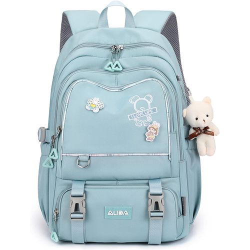 Sac à Dos Scolaires Cartables Filles Garçons pour Primaire AOutdoor Voyage école Ados,avec Pendentif en Peluche Imperméable Nylon Bleu