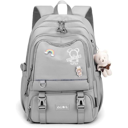 Sac à Dos Sacs d'école Sacs Scolaires Cartables Filles Garçons Sac d'école Sacs Scolaires pour Primaire AOutdoor Voyage école Ados Daypacks avec Pendentif en Peluche Imperméable Nylon Gris
