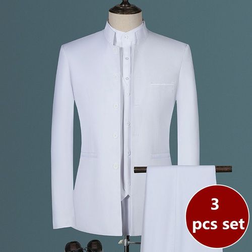 Ensemble 3 Pièces De Style Chinois Décontracté Pour Hommes,Blazers Coupe Couvertes,Veste Et Pantalon,Col Montant,Boutique De Mode,Manteau Blanc,Glaçage,2023