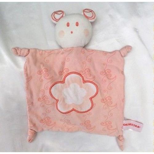 Doudou Peluche Plat Rose Orange Souris Fleurs Orchestra