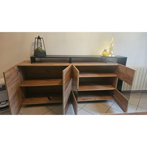 Buffet 4 Portes Avec Leds - Bois Naturel Clair Et Anthracite