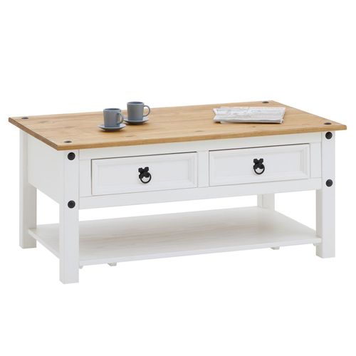 Table Basse Campo Rectangulaire En Pin Massif Blanc Et Brun Avec 2 Tiroirs, Dim 100 X 45 X 60 Cm