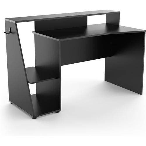 Petit Bureau Gaming Avec Rangement ¿ Idéal Set Up & Pc Gamer ¿ Coloris Noir Mat & Finitions Grises Foncées-138 X 94 X 67 Cm