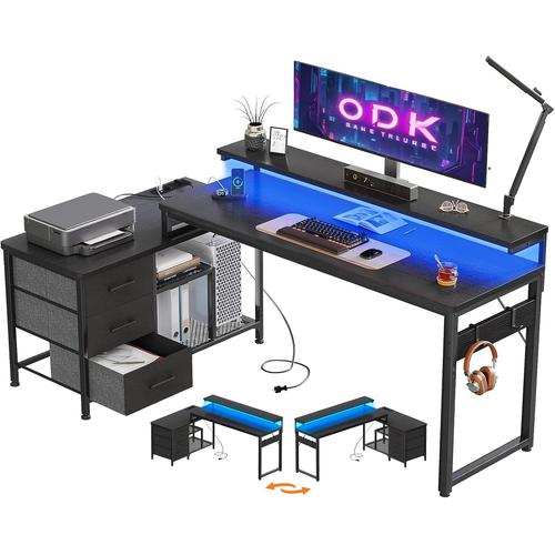 Bureau D'angle Avec Rangement Tiroirs,Bureau Gaming Avec Etagere,Bureau En L Noir Avec Led Et Port Usb Et Prise De Courant,Table D`Ordinateur Bureau Informatique (174x100cm)