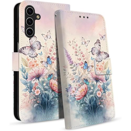 Coque Pour Samsung Galaxy A15 4g / 5g Housse En Cuir Pu Premium, Etui À Rabat Pochette Portefeuille Porte Carte Flip Case, Étui De Protection Avec Motif Cover Pour Samsung A15, Papillon Coloré