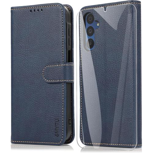 Coque Pour Samsung Galaxy A15 4g / 5g + Verre Trempé,Protection Portefeuille Case Cover De Magnétique For Samsung Galaxy A15 4g,Housse En Cuir Case Samsung Galaxy A15 5g - Bleu