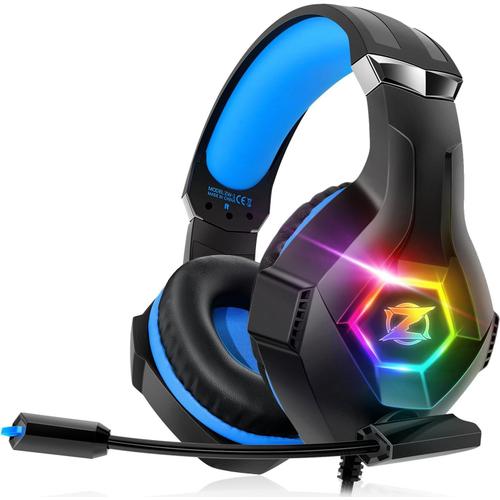 Casque Gaming Pour Ps5 Pc Ps4, Casque Gamer Pour Micro Rgb 7 Couleurs Transducteurs 50mm Stéréo Basse Micro Anti-Bruit Réglable Compatible Avec Switch Xbox Series X & S-Bleu Nior