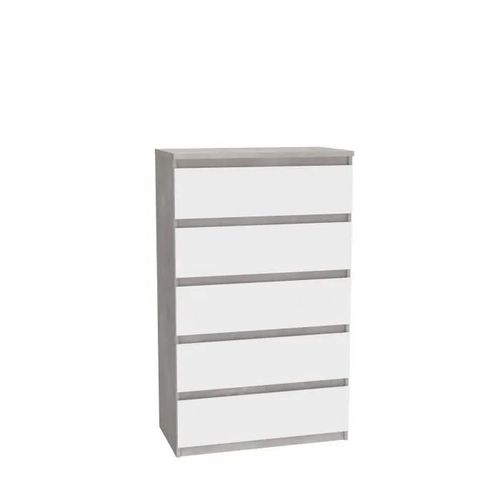 Commode Chelsea 5 Tiroirs - L 77,2 X P 42,2 X H 128,1 - Décor Optique Béton Clair Kilox Et Blanc Mat