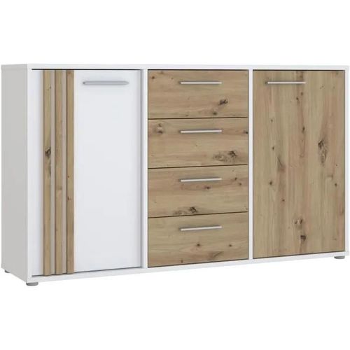 Buffet Cardigan 2 Portes, 4 Tiroirs - Décor Chene Artisan Et Blanc - L142,6 X P34,2 X H82,3 Cm - Poignées En Métal Effet Aluminium