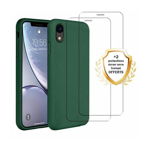 Coque Iphone Xr Silicone Liquide Vert Foret + 2 Vitres En Verre Trempé Protection Écran Antichocs Evetane