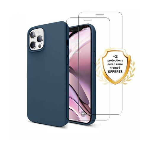 Coque Iphone 12/12 Pro Silicone Liquide Bleu Marine + 2 Vitres En Verre Trempé Protection Écran Antichocs Evetane